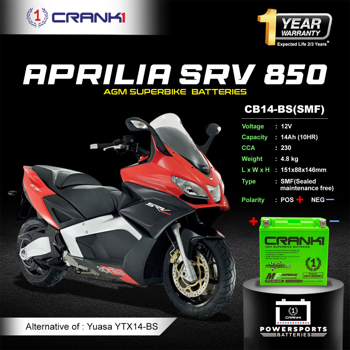 Battery For Aprilia SRV 850 (2015-2023) - CB14-BS - Factory Activated