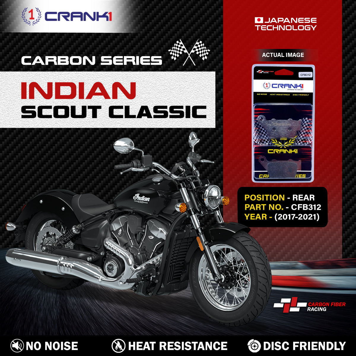 Carbon Brake Pads For Indian Scout Classic (2017-2021) - Rear - CFB312 - 1 Set