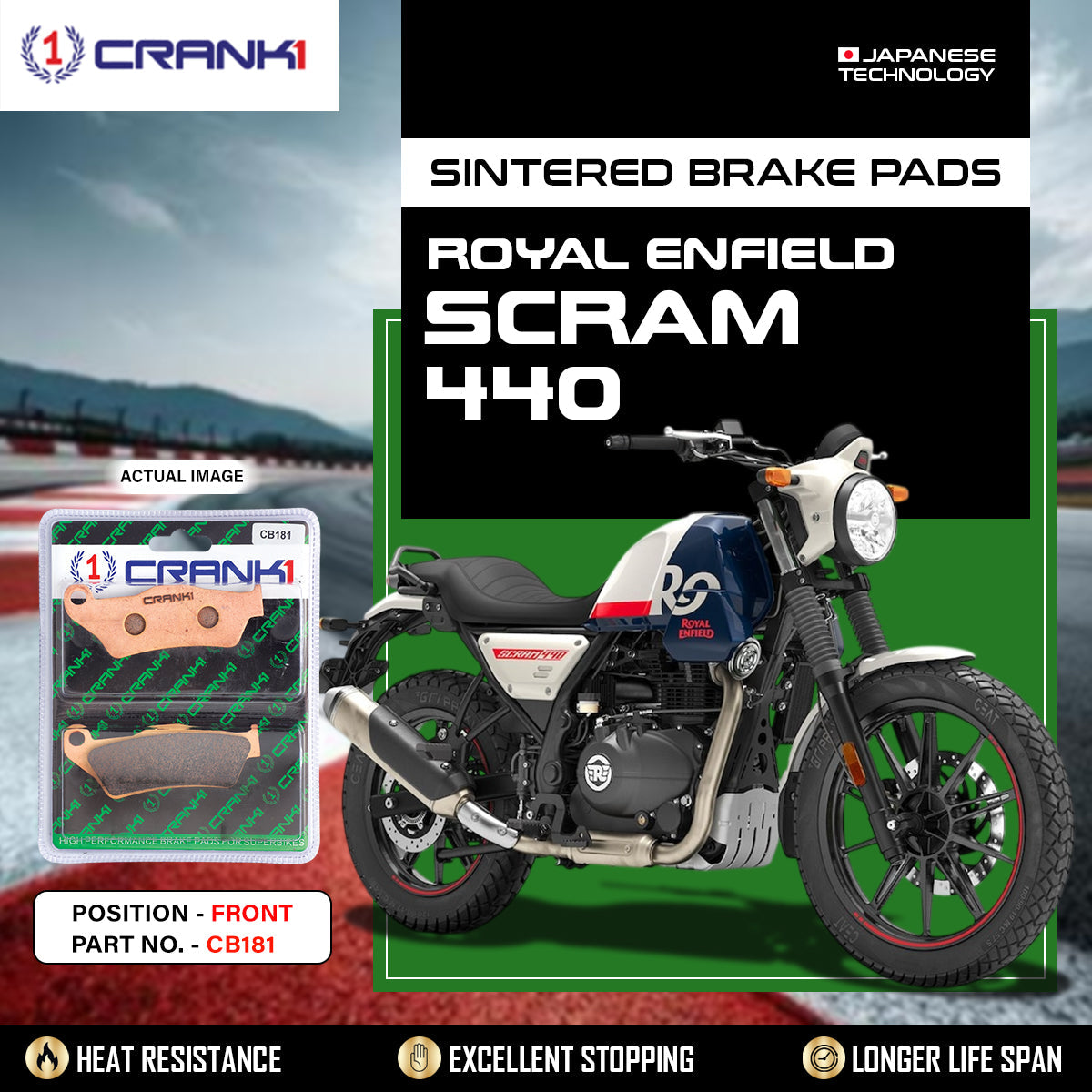 Sintered Brake Pads For Royal Enfield Scram 440 - Front - CB181 - 1 Set
