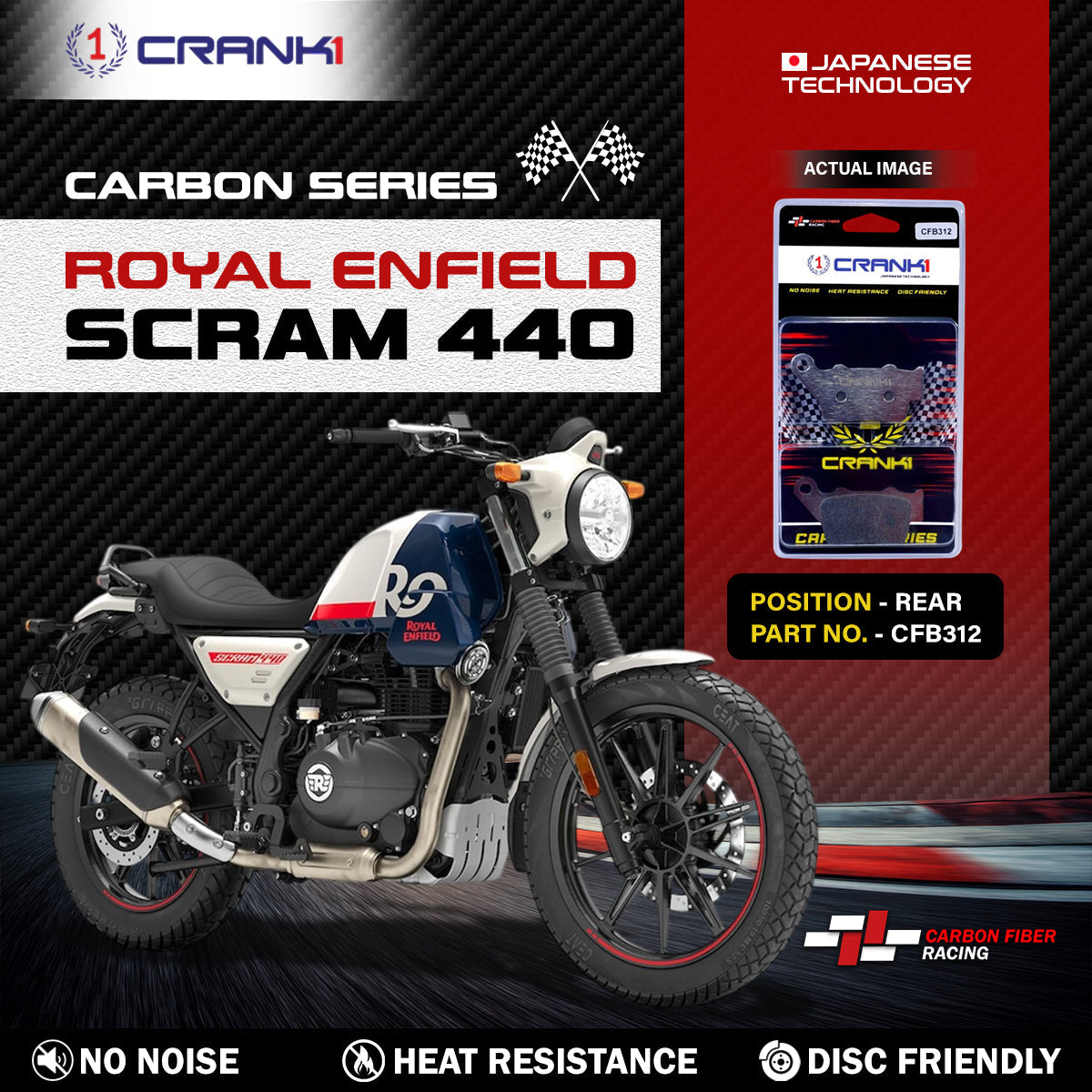 Carbon Brake Pads For Royal Enfield Scram 440 - Rear - CFB312 - 1 Set