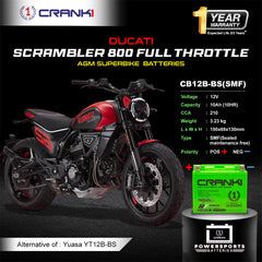 Battery For Ducati Scrambler 800 Full Throttle (2015-2025) - CB12B-BS - Factory Activated