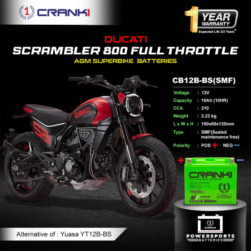 Battery For Ducati Scrambler 800 Full Throttle (2015-2025) - CB12B-BS - Factory Activated
