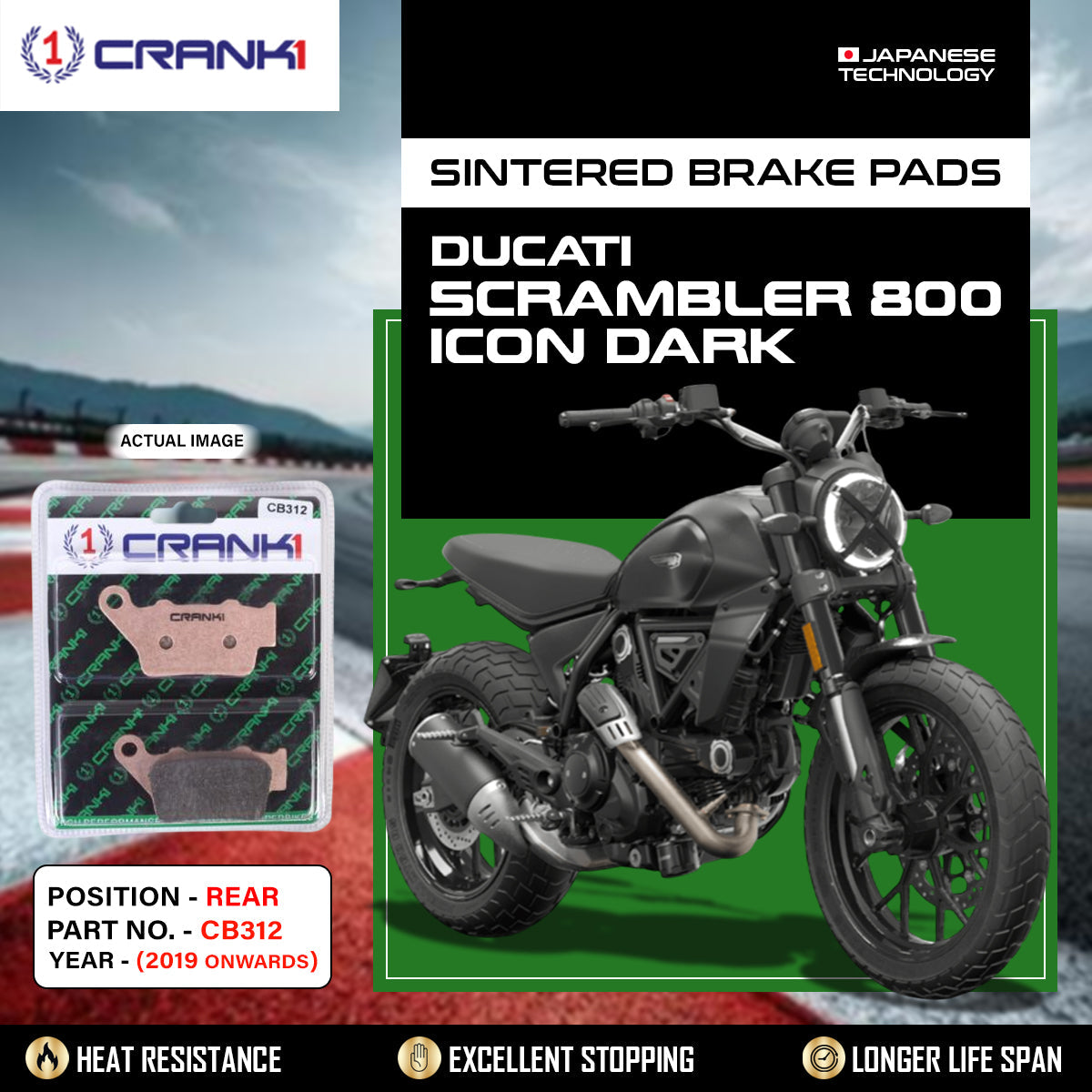 Sintered Brake Pads For Ducati Scrambler 800 Icon Dark (2019 Onwards) - Rear - CB312 - 1 Set