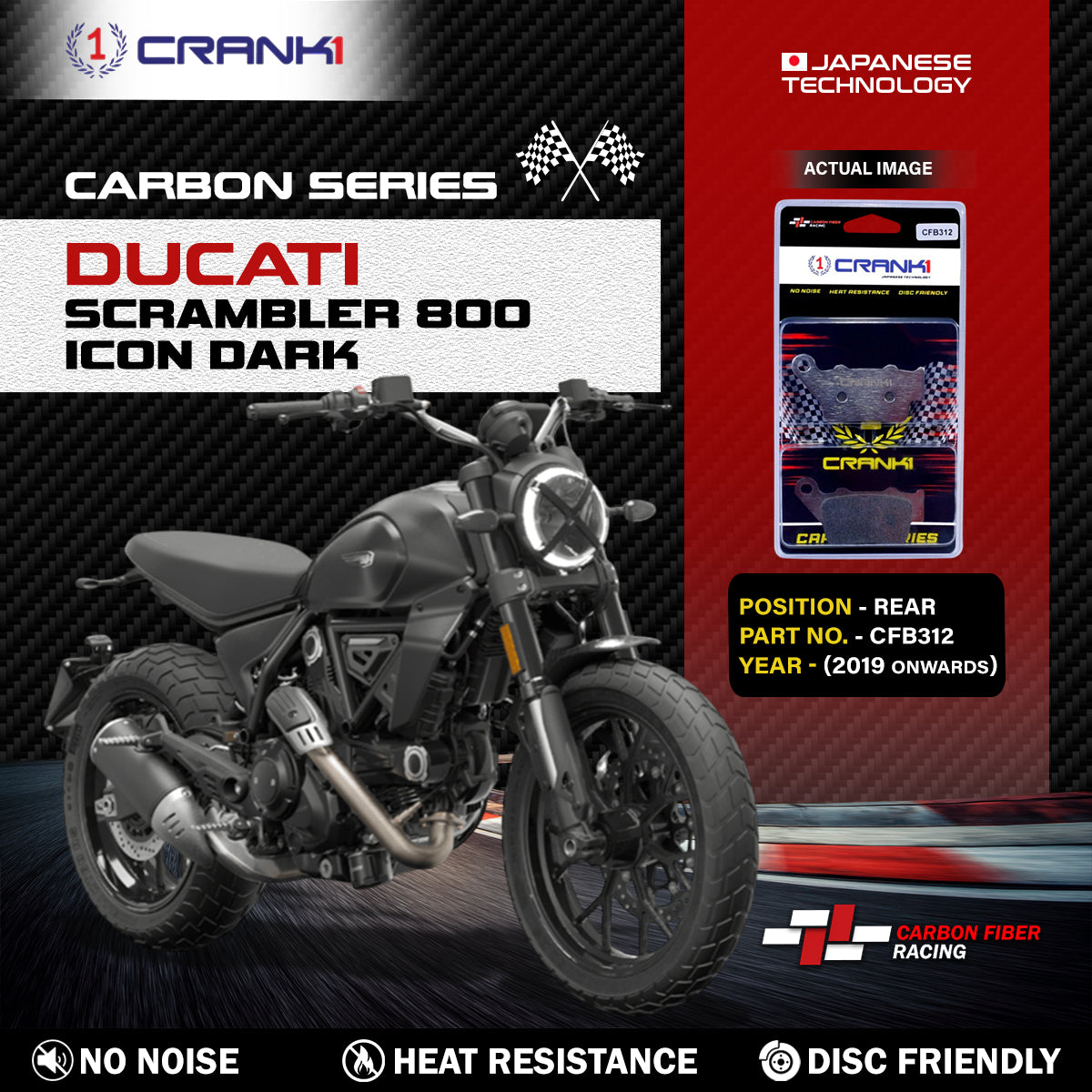 Carbon Brake Pads For Ducati Scrambler 800 Icon Dark (2019 Onwards) - Rear - CFB312 - 1 Set