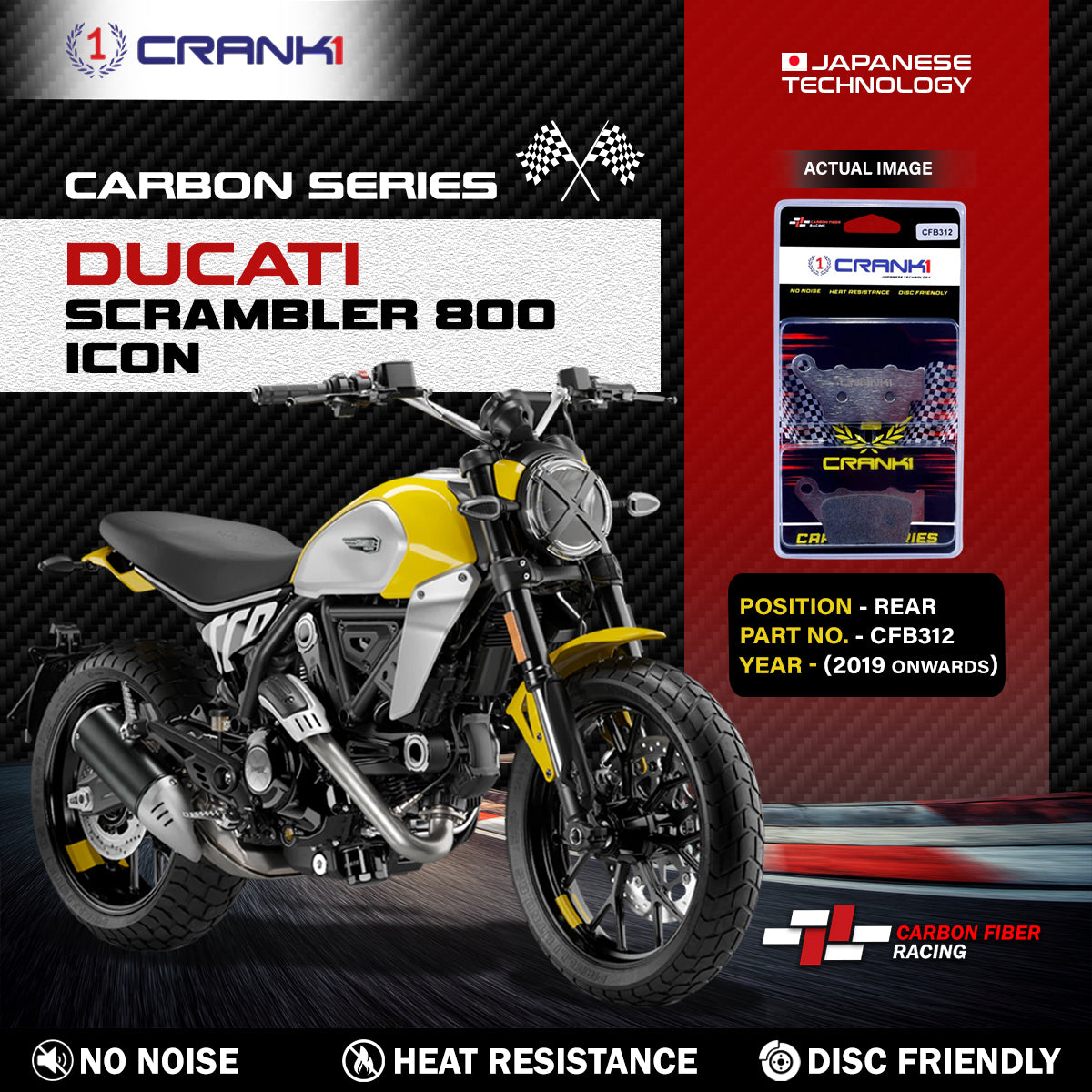 Carbon Brake Pads For Ducati Scrambler 800 Icon (2019 Onwards) - Rear - CFB312 - 1 Set