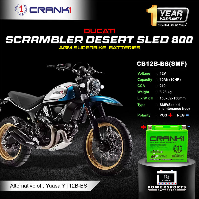 Battery For Ducati Scrambler Desert Sled 800 (2015-2025) - CB12B-BS - Factory Activated