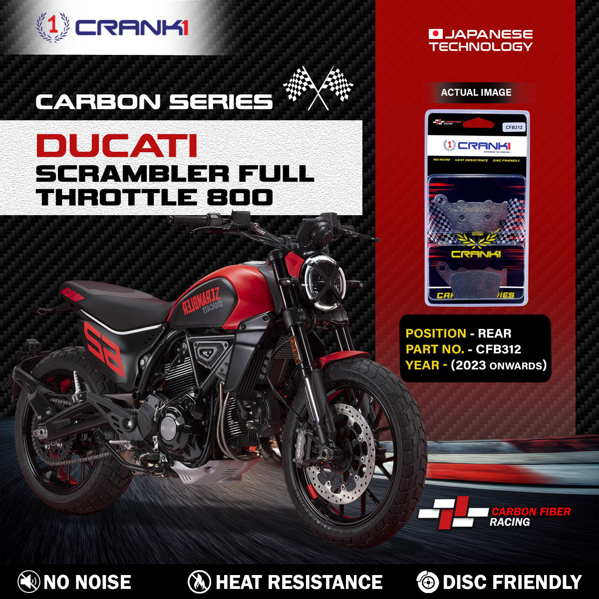 Carbon Brake Pads For Ducati Scrambler Full Throttle 800 (2023 Onwards) - Rear - CFB312 - 1 Set