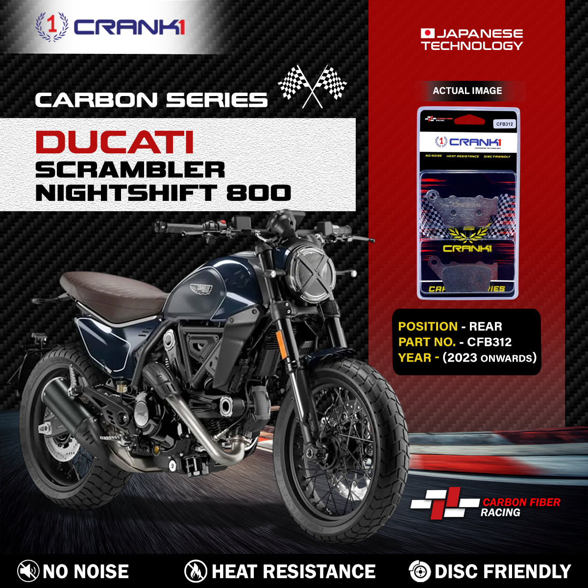 Carbon Brake Pads For Ducati Scrambler Nightshift 800 (2023 Onwards) - Rear - CFB312 - 1 Set