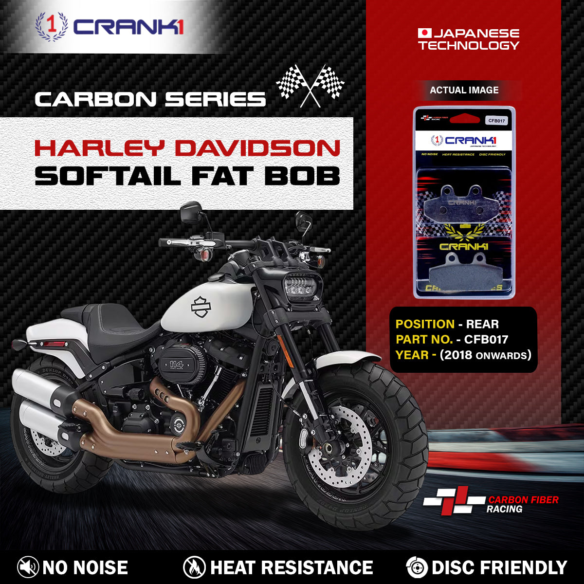 Carbon Brake Pads For Harley Davidson Softail Fat Bob (2018 Onwards) - Rear - CFB017 - 1 Set