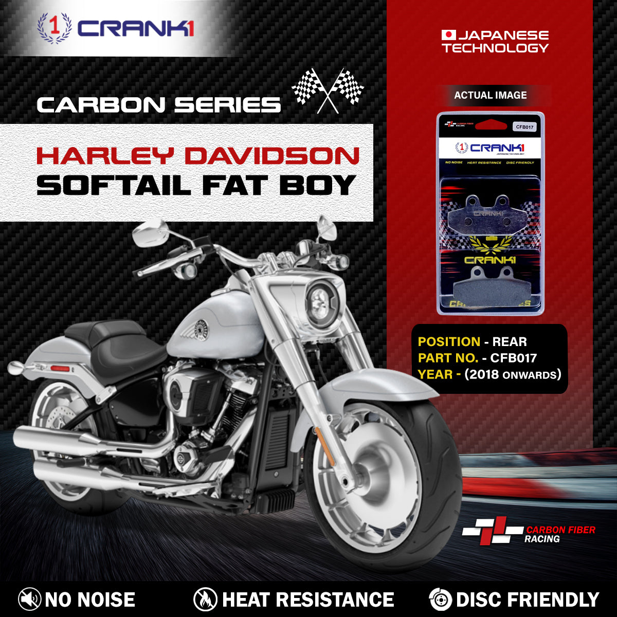 Carbon Brake Pads For Harley Davidson Softail Fat Boy (2018 Onwards) - Rear - CFB017 - 1 Set