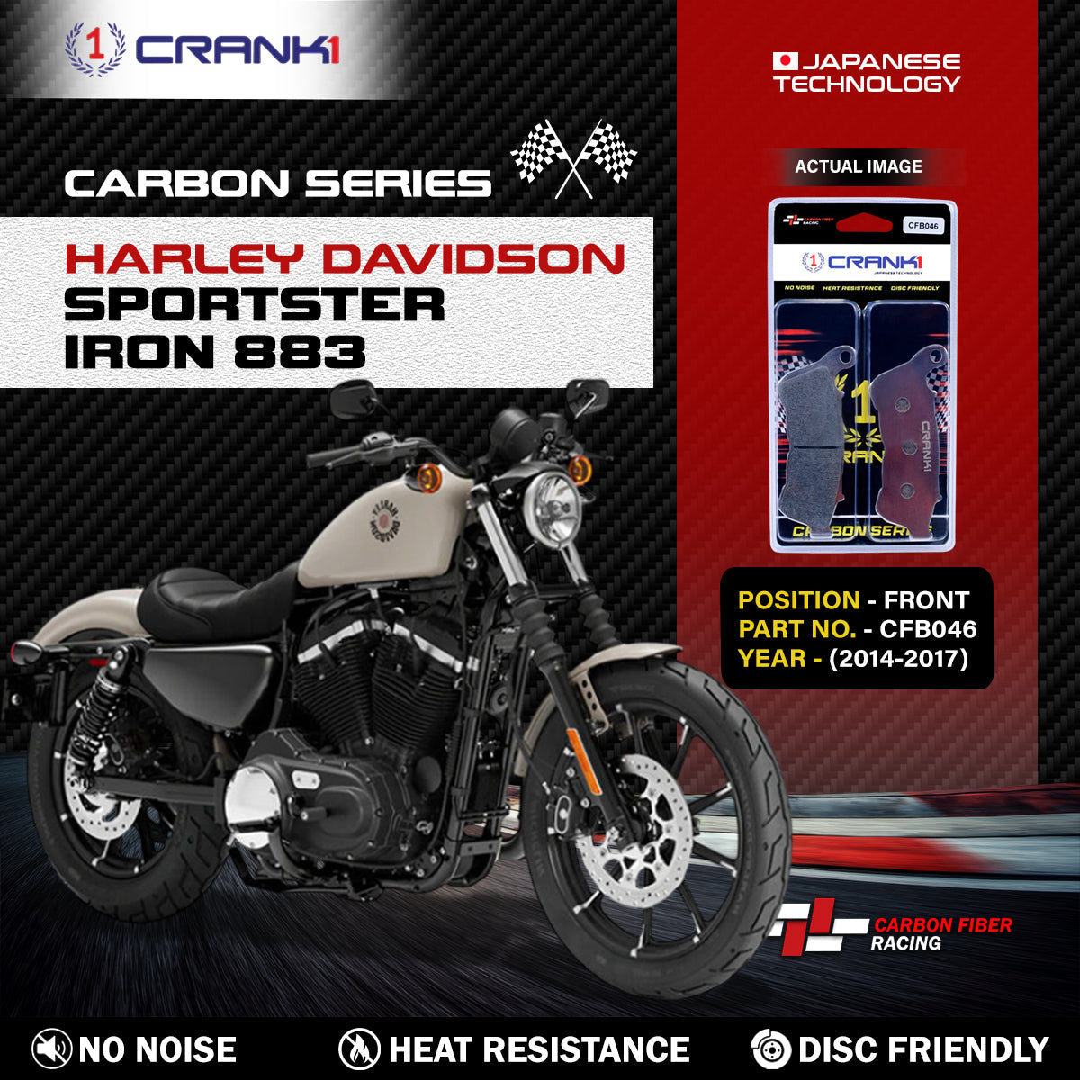 Carbon Brake Pads For Harley Davidson Sportster Iron 883 (2014-2017) - Front - CFB046 - 1 Set