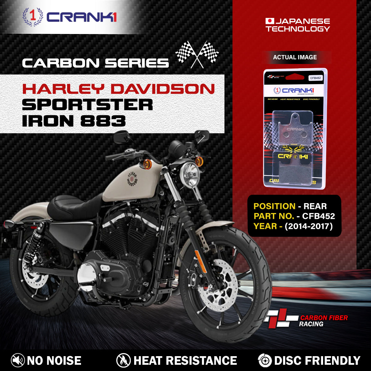 Carbon Brake Pads For Harley Davidson Sportster Iron 883 (2014-2017) - Rear - CFB452 - 1 Set