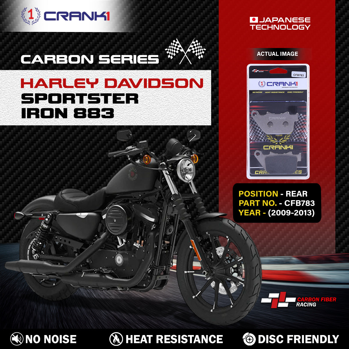 Carbon Brake Pads For Harley Davidson Sportster Iron 883 (2009-2013) - Rear - CFB783 - 1 Set
