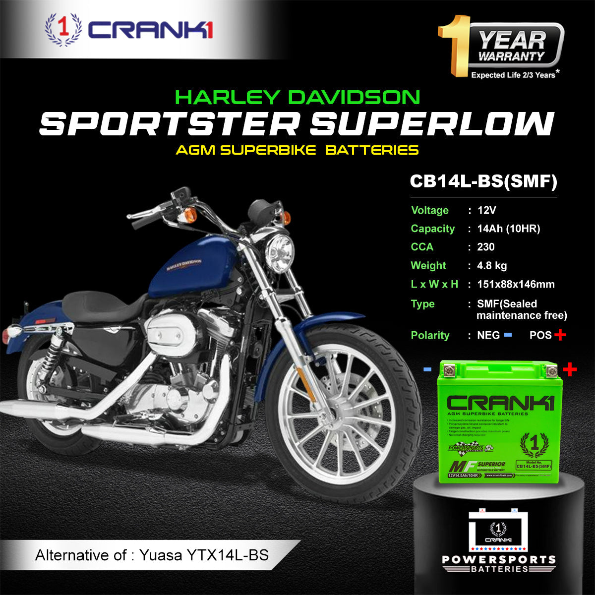 Battery For Harley Davidson Sportster SuperLow (2010-2025) - CB14L-BS - Factory Activated