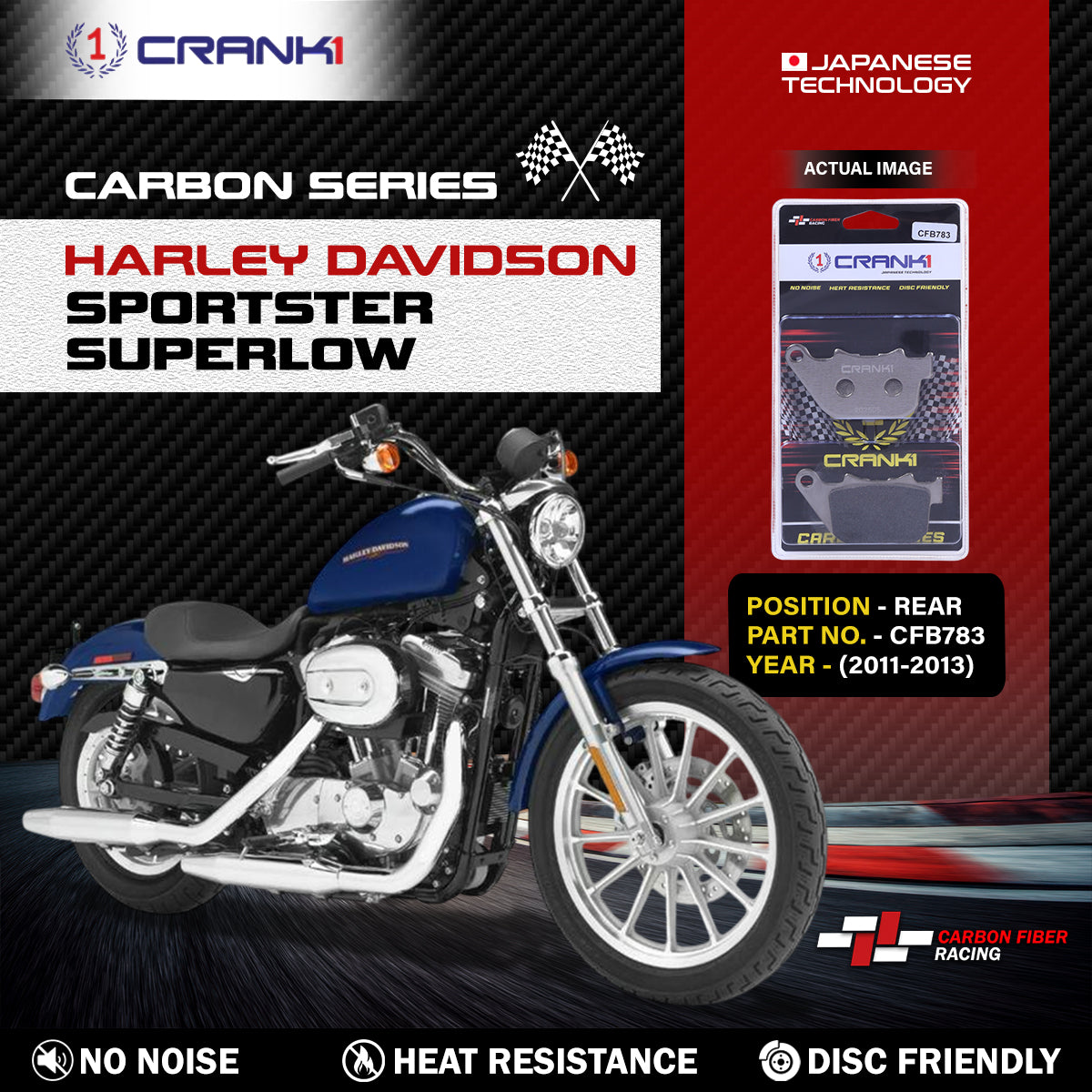 Carbon Brake Pads For Harley Davidson Sportster SuperLow (2011-2013) - Rear - CFB783 - 1 Set