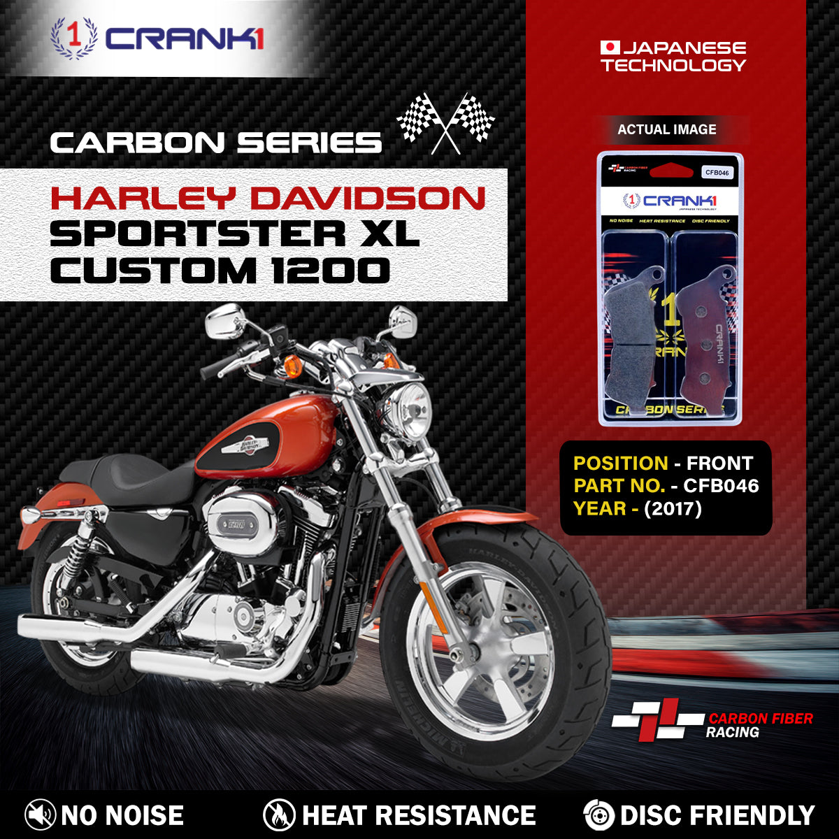 Carbon Brake Pads For Harley Davidson Sportster XL Custom 1200 (2017) - Front - CFB046 - 1 Set