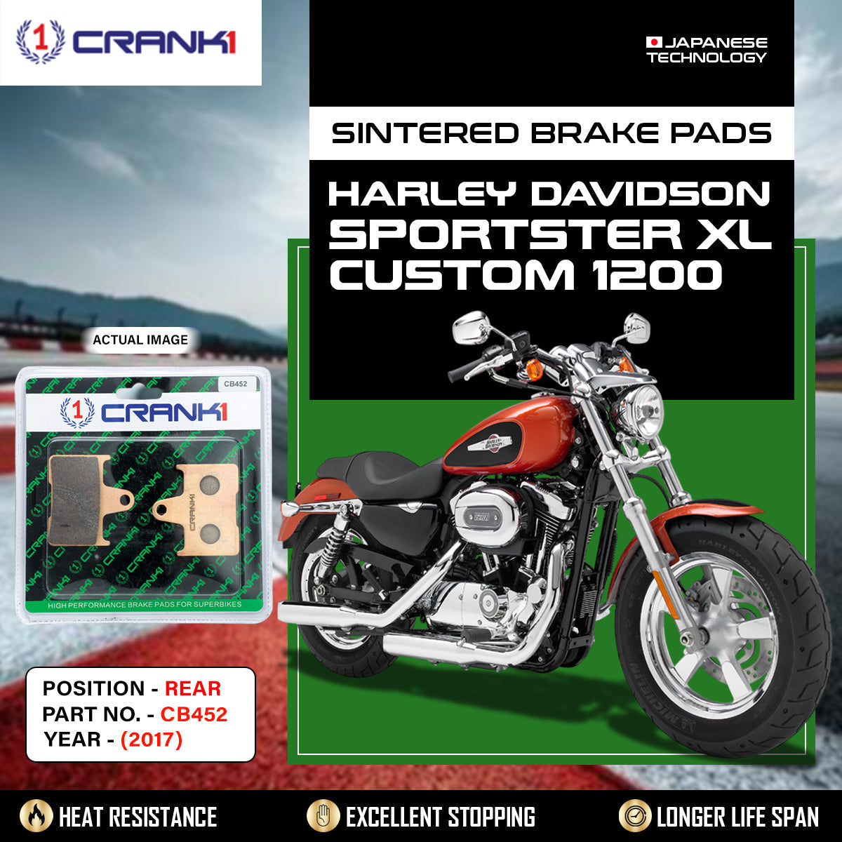 Sintered Brake Pads For Harley Davidson Sportster XL Custom 1200 (2017) - Rear - CB452 - 1 Set