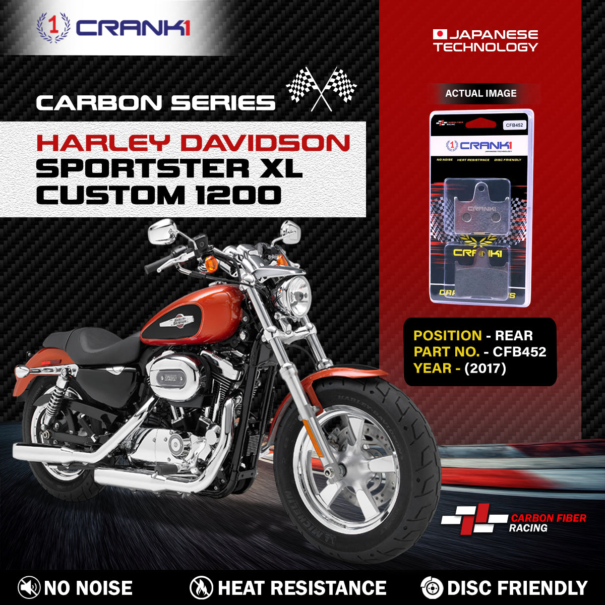 Carbon Brake Pads For Harley Davidson Sportster XL Custom 1200 (2017) - Rear - CFB452 - 1 Set