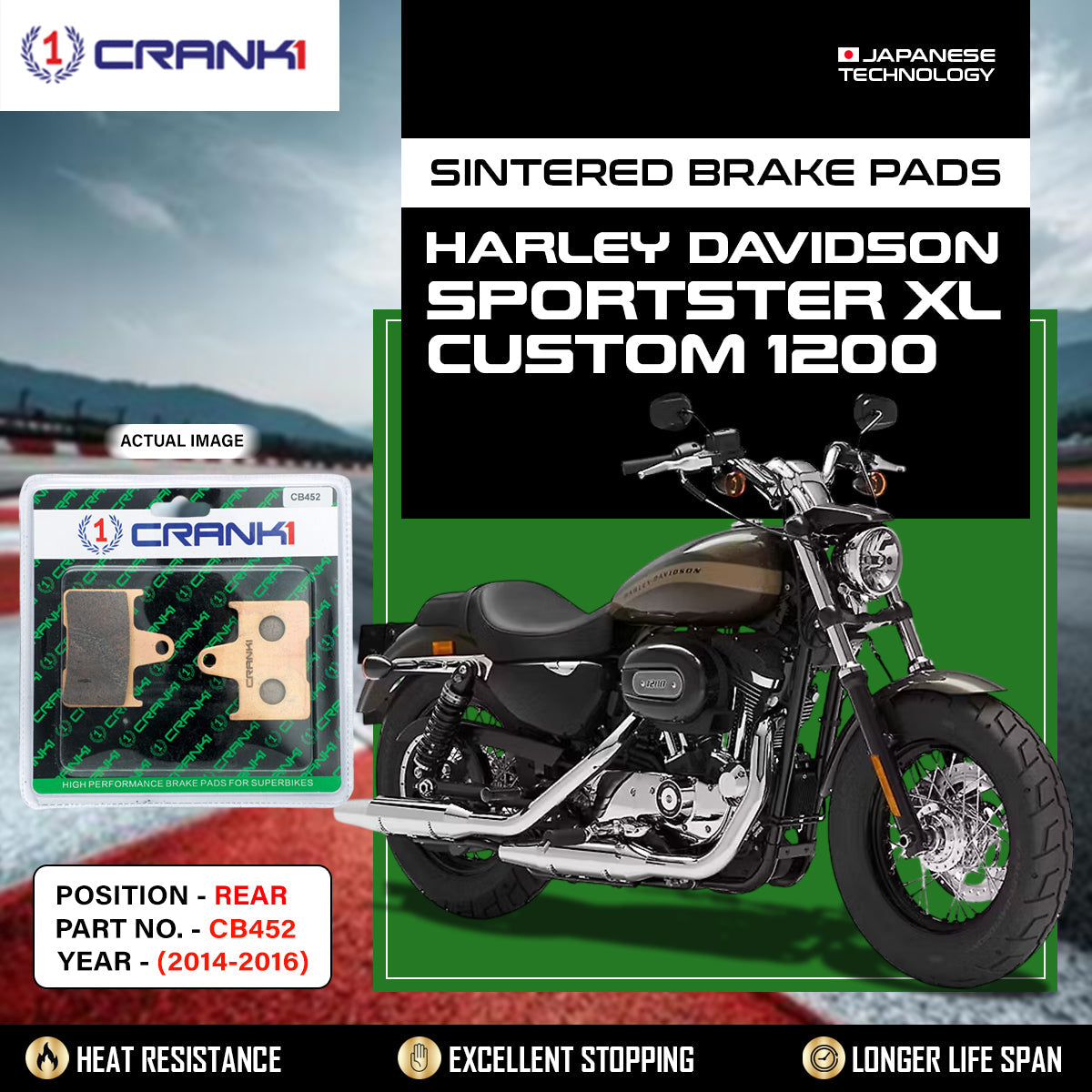 Sintered Brake Pads For Harley Davidson Sportster XL Custom 1200 (2014-2016) - Rear - CB452 - 1 Set