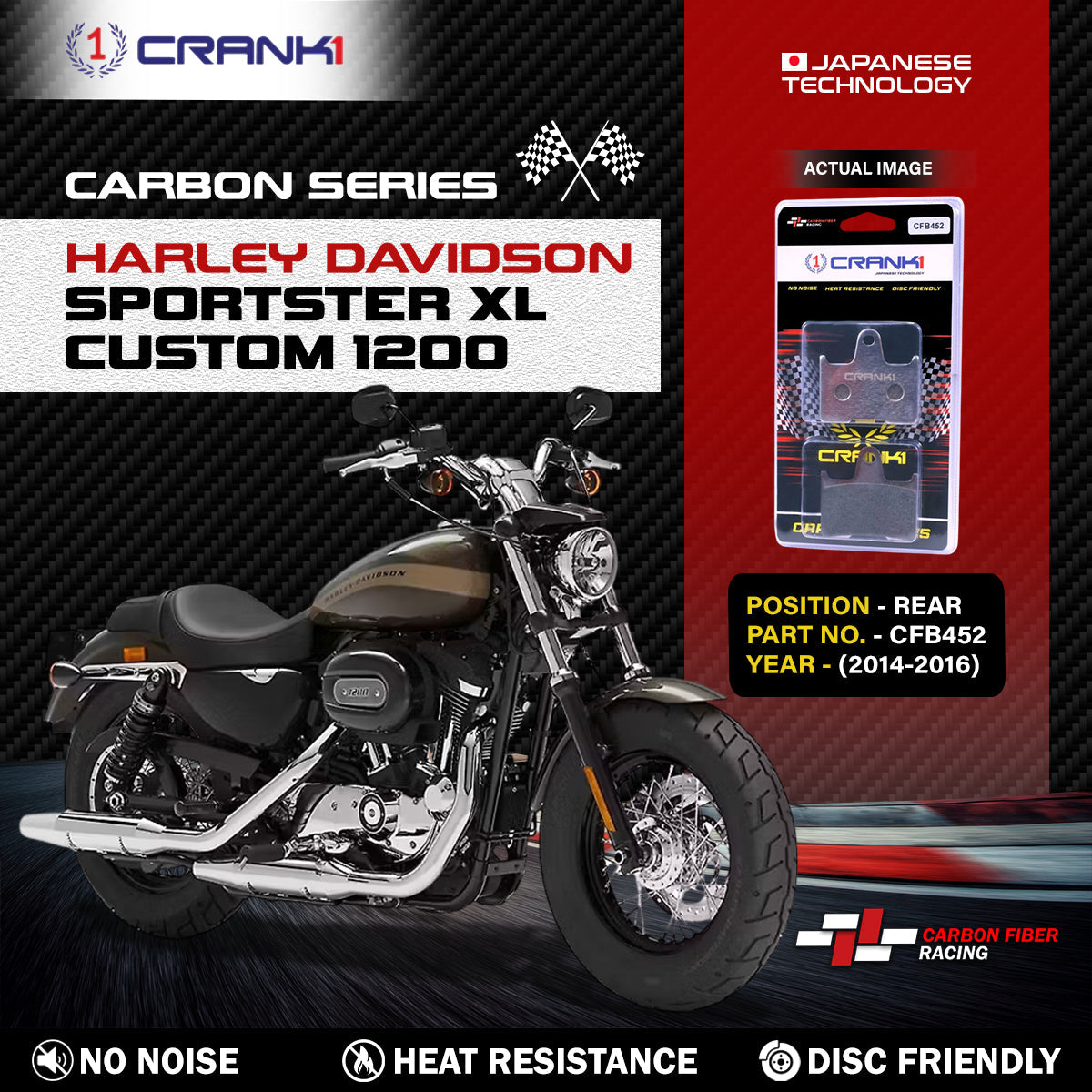 Carbon Brake Pads For Harley Davidson Sportster XL Custom 1200 (2014-2016) - Rear - CFB452 - 1 Set