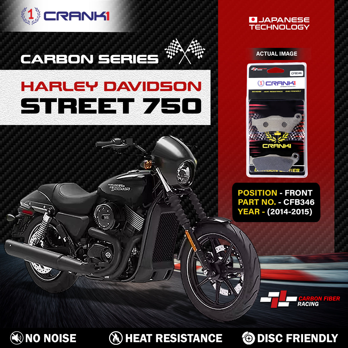 Carbon Brake Pads For Harley Davidson Street 750 (2014-2015) - Front - CFB346 - 1 Set