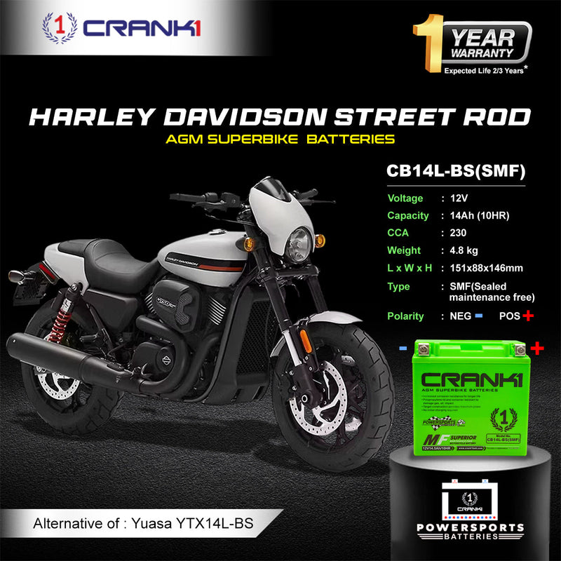 Battery For Harley Davidson Street Rod (2011-2025) - CB14L-BS - Factory Activated