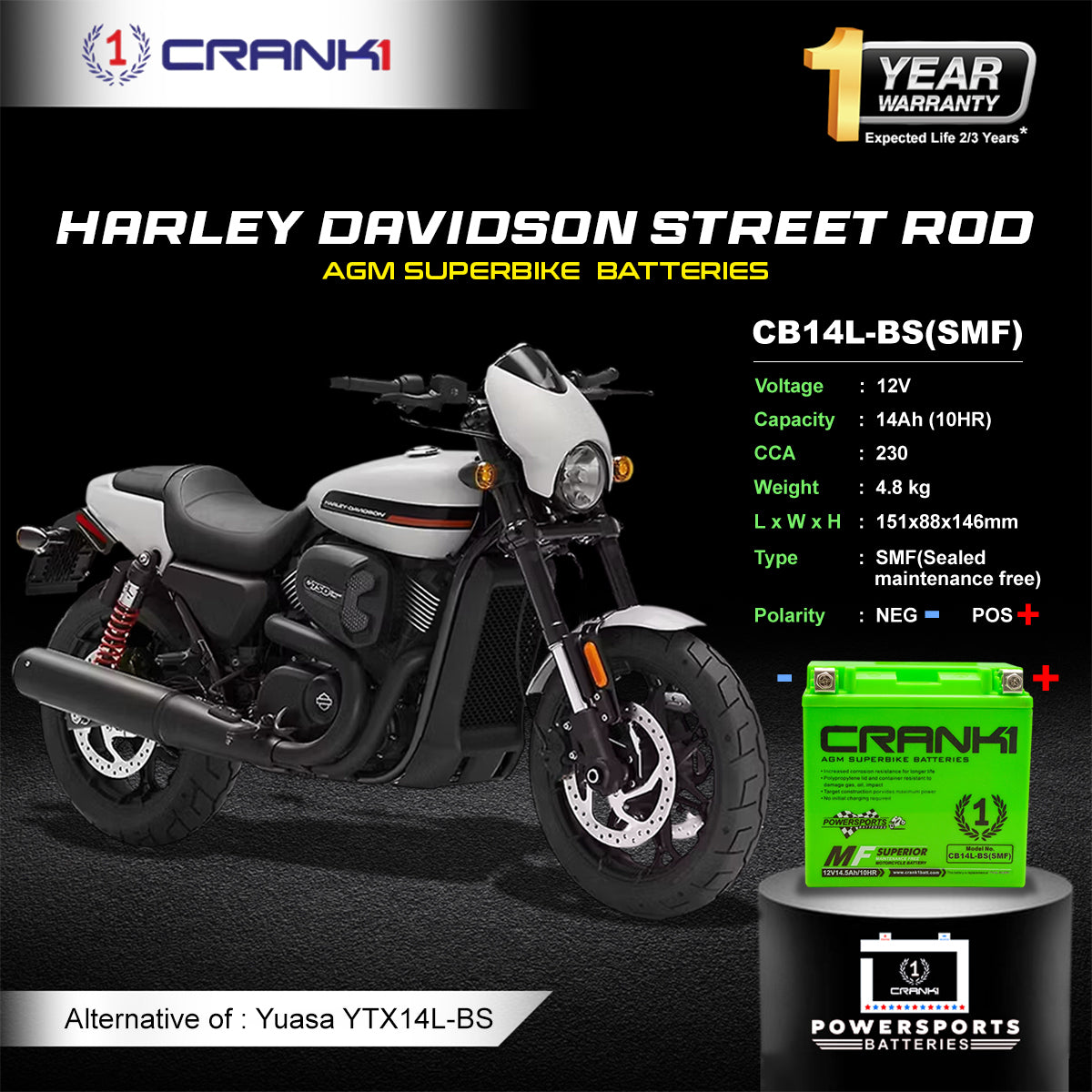 Battery For Harley Davidson Street Rod (2011-2025) - CB14L-BS - Factory Activated