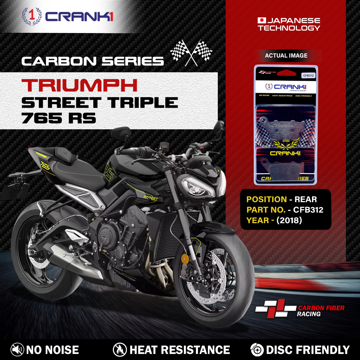 Carbon Brake Pads For Triumph Street Triple 765 RS (2018) - Rear - CFB312 - 1 Set