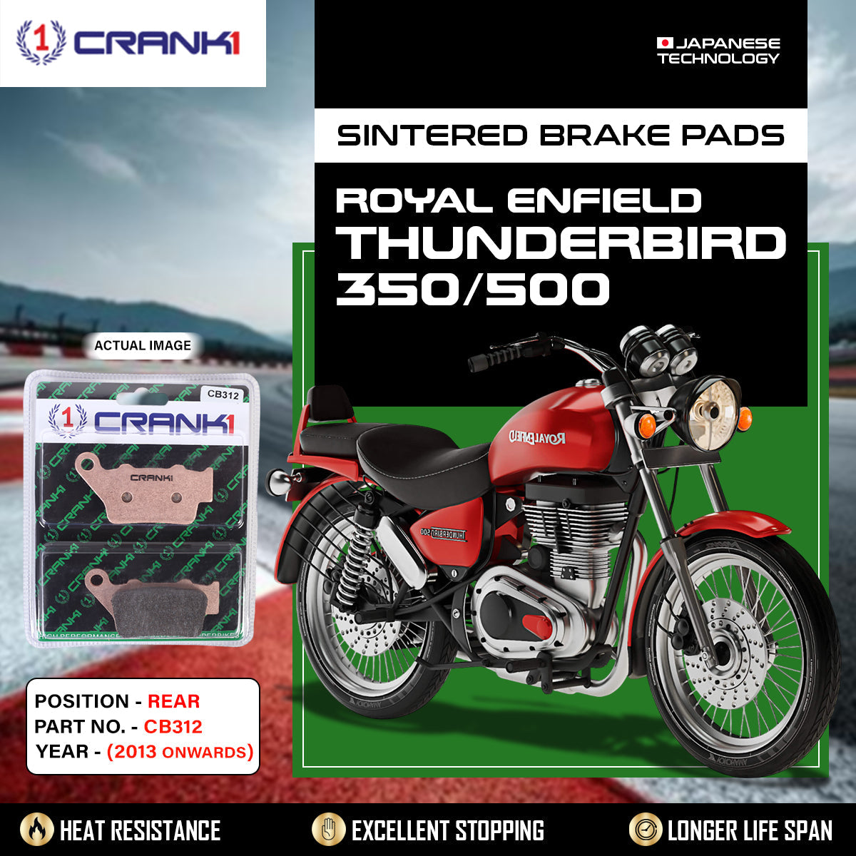 Sintered Brake Pads For Royal Enfield Thunderbird 350/500 (2013 Onwards) - Rear - CB312 - 1 Set