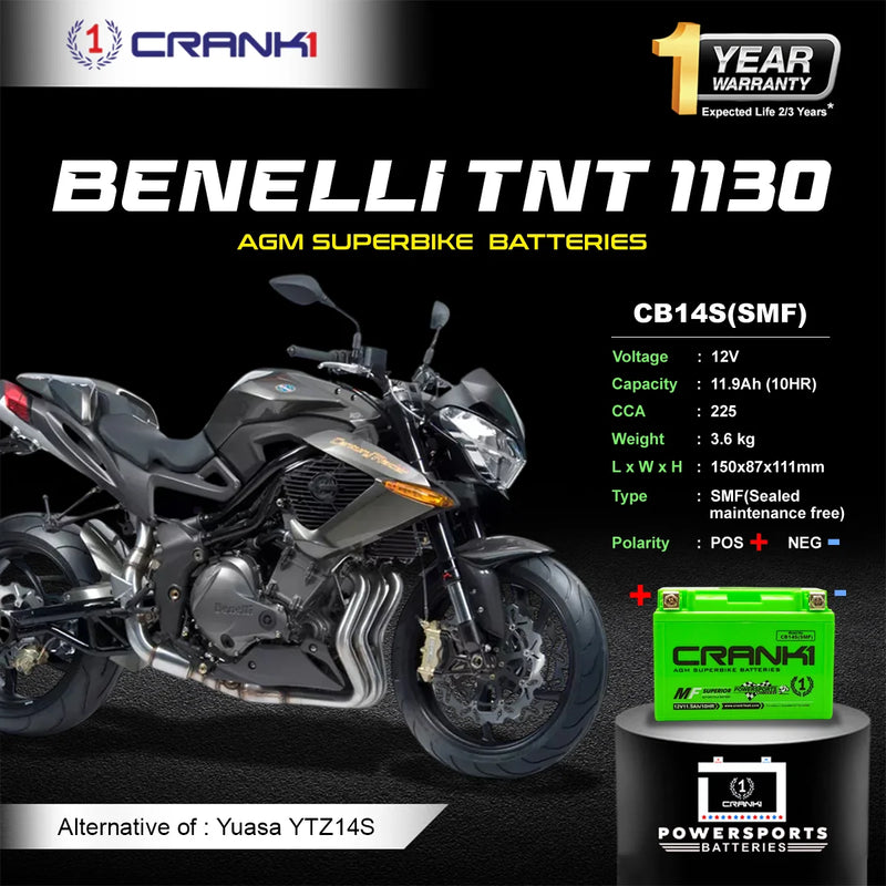 Battery For Benelli TNT 1130 (2015-2017) - CB14S - Factory Activated | 1 Year Warranty | Zero Maintenance | OEM Fitment | High CCA