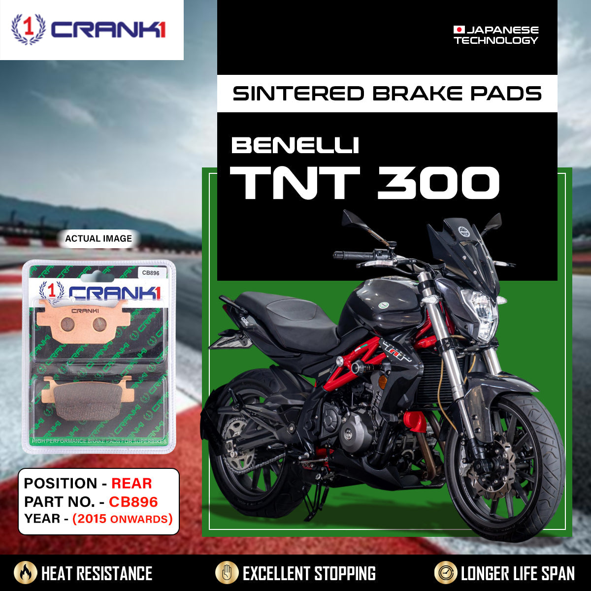 Sintered Brake Pads For Benelli TNT 300 (2015 Onwards) - Rear - CB896 - 1 Set
