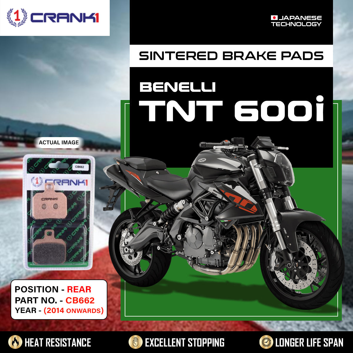 Sintered Brake Pads For Benelli TNT 600i (2014 Onwards) - Rear - CB662 - 1 Set