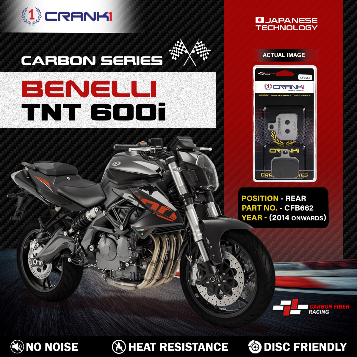 Carbon Brake Pads For Benelli TNT 600i (2014 Onwards) - Rear - CFB662 - 1 Set