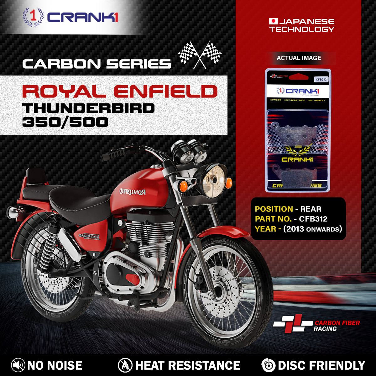 Carbon Brake Pads For Royal Enfield Thunderbird 350/500 (2013 Onwards) - Rear - CFB312 - 1 Set