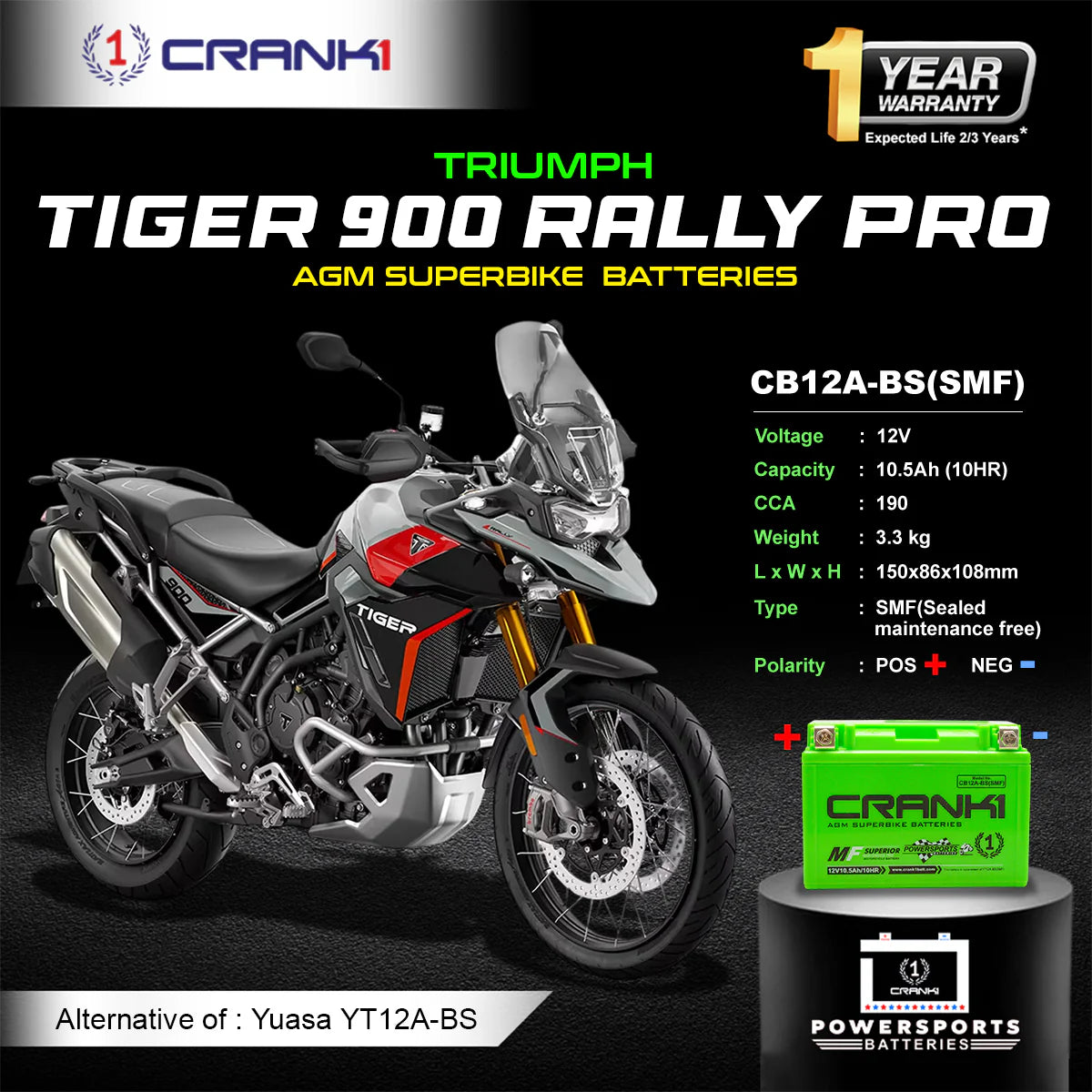 Battery For Triumph Tiger 900 Rally Pro (2024 Onwards) - CB12A-BS - Factory Activated