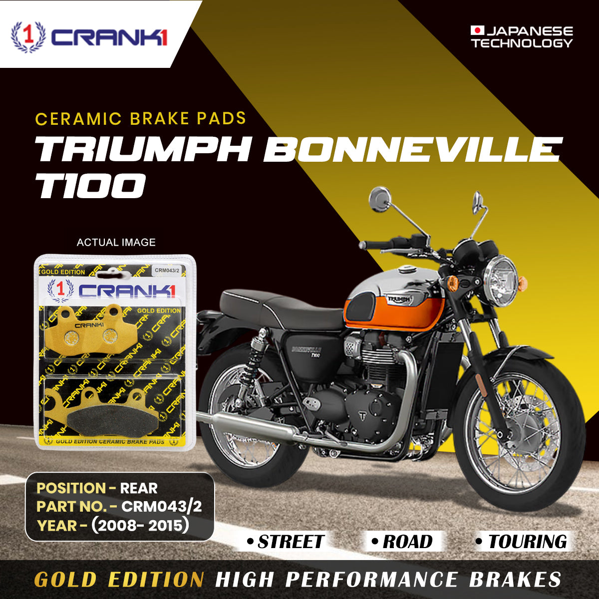 Ceramic Brake Pads For Triumph Bonneville T100 (2008-2015) - Rear - CRM043/2 - 1 Set