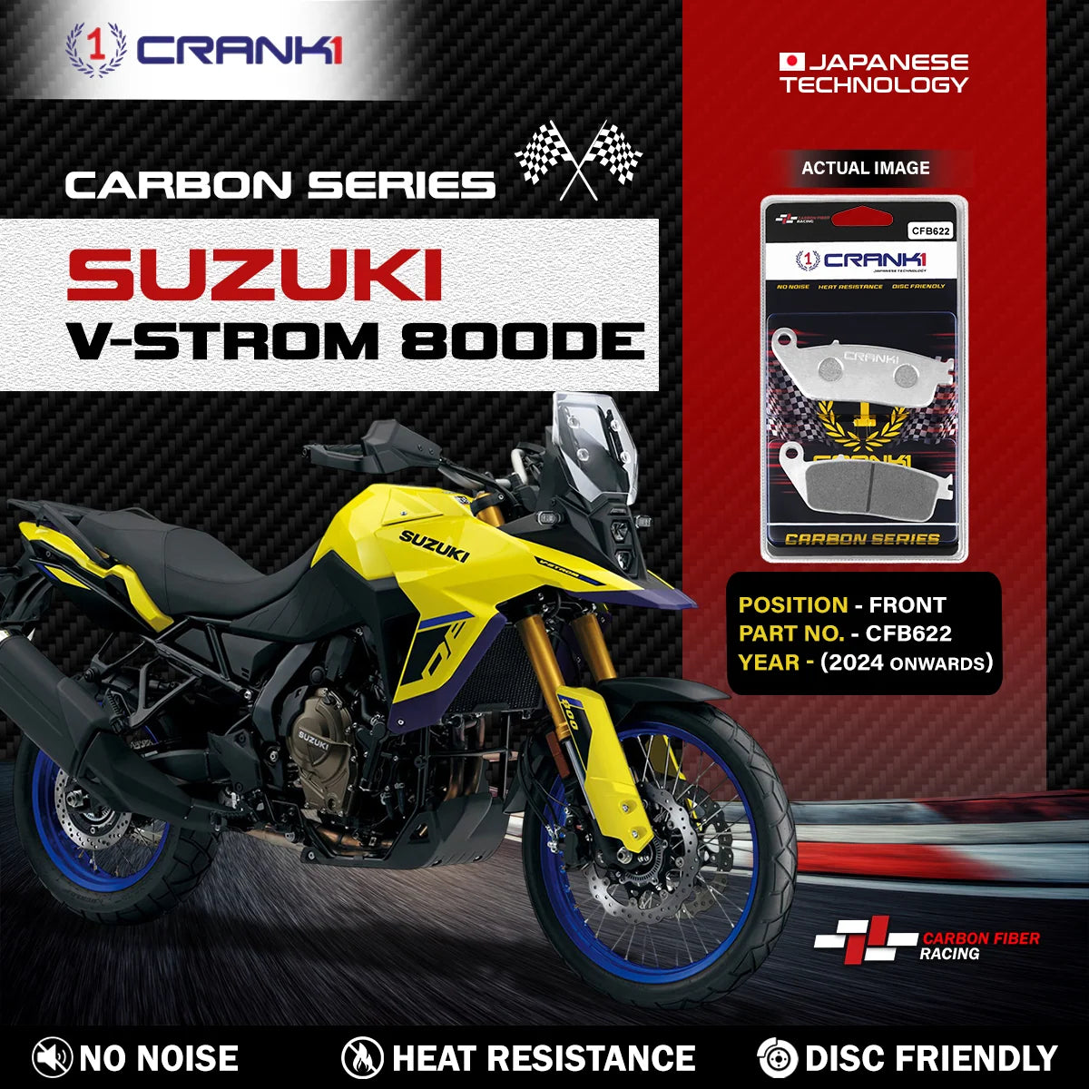 Carbon Brake Pads For Suzuki V-Strom 800DE (2024 Onwards) - Front - CFB622 - 2 Sets | No Noise | High Performance | Superior Stopping Power | Heat Resistant | Long Life