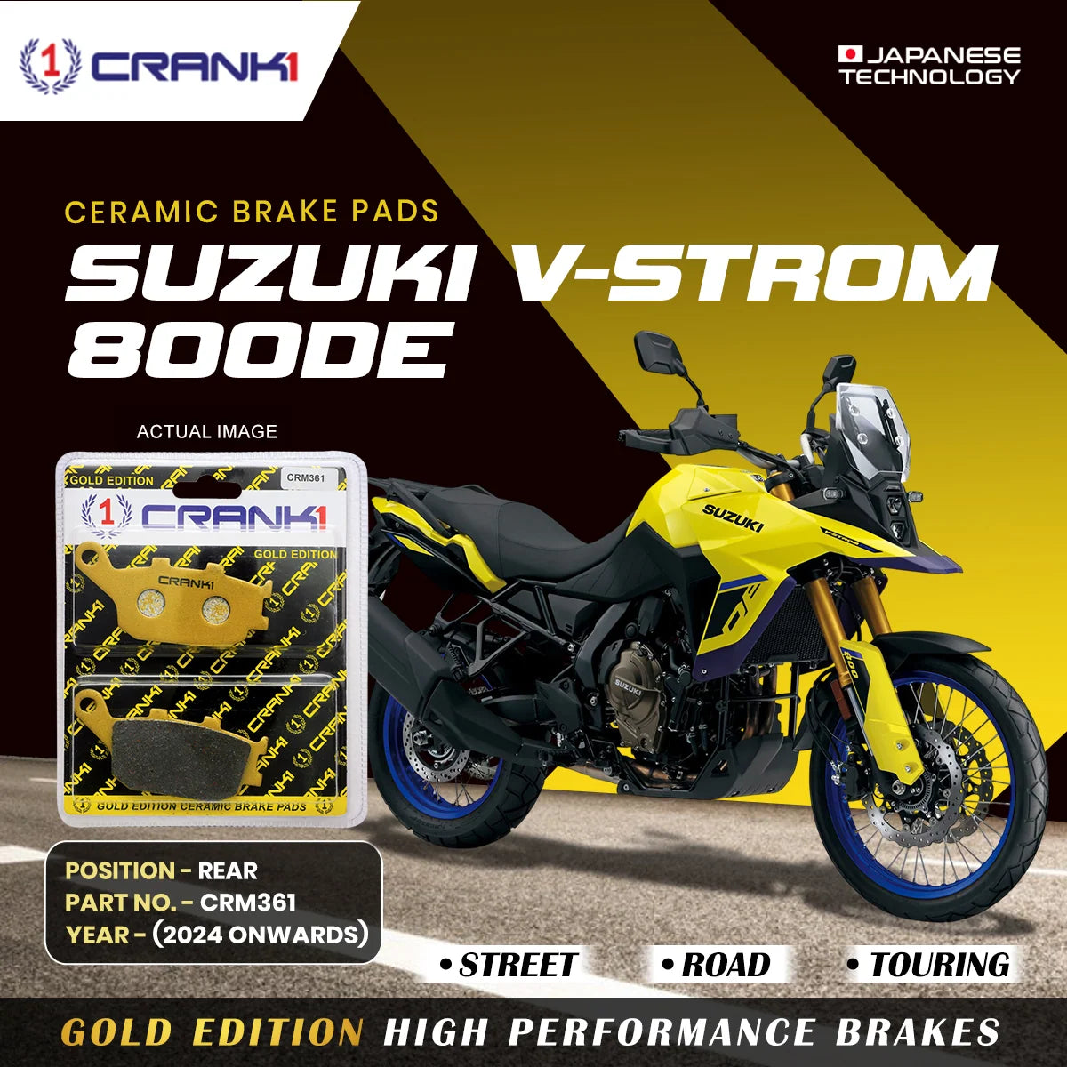 Ceramic Brake Pads For Suzuki V-Strom 800DE (2024 Onwards) - Rear - CRM361 - 1 Set | Smooth Braking | Heat Resistant | Long Life | Disc Friendly
