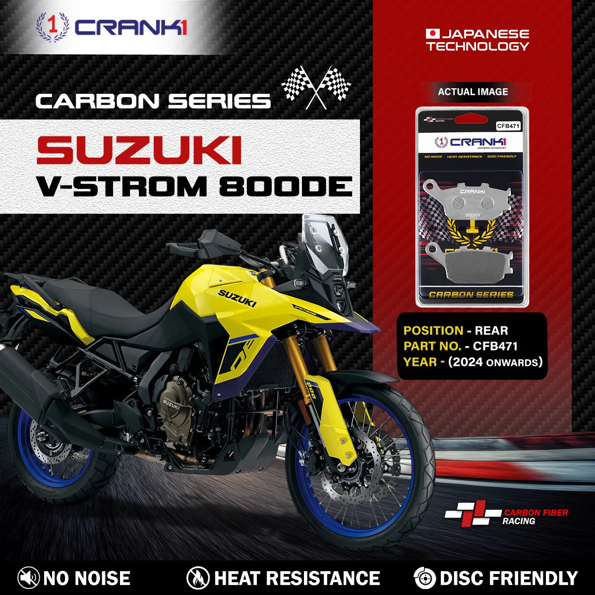 Carbon Brake Pads For Suzuki V-Strom 800DE (2024 Onwards) - Rear - CFB471 - 1 Set | No Noise | High Performance | Superior Stopping Power | Heat Resistant | Long Life