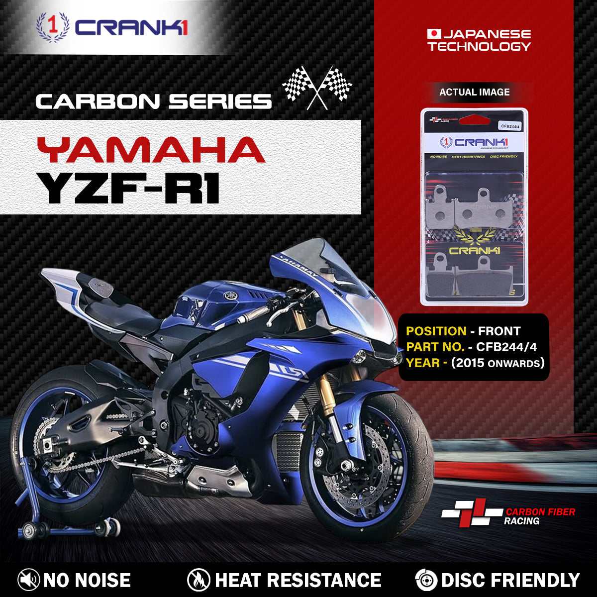 Carbon Brake Pads For Yamaha YZF-R1 (2015 Onwards) - Front - CFB244/4 - 2 Sets
