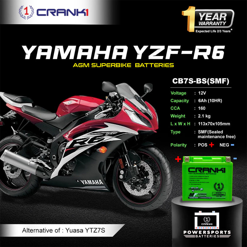 Battery For Yamaha YZF-R6 (2017-2021) - CB7S-BS - Factory Activated
