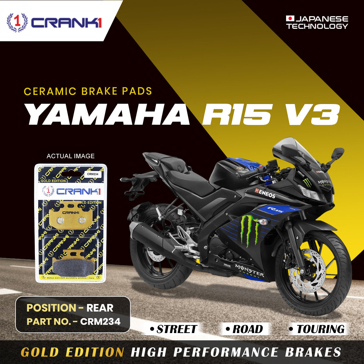 Ceramic Brake Pads For Yamaha R15 V3 - Rear - CRM234 - 1 Set