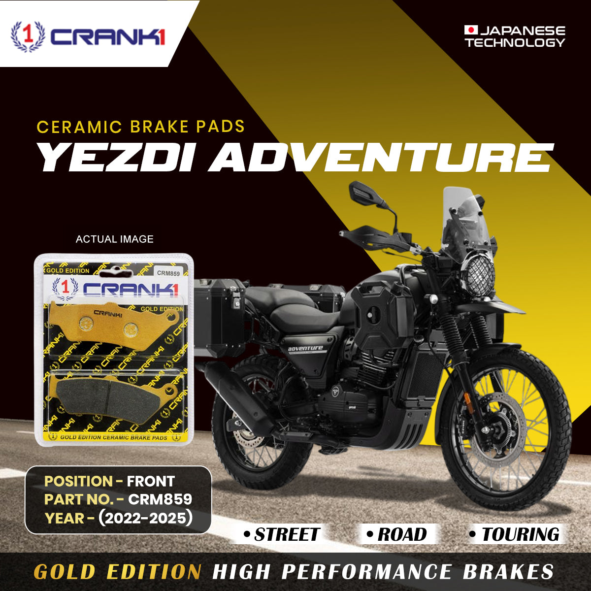 Ceramic Brake Pads For Yezdi Adventure (2022-2025) - Front - CRM859 - 1 Set