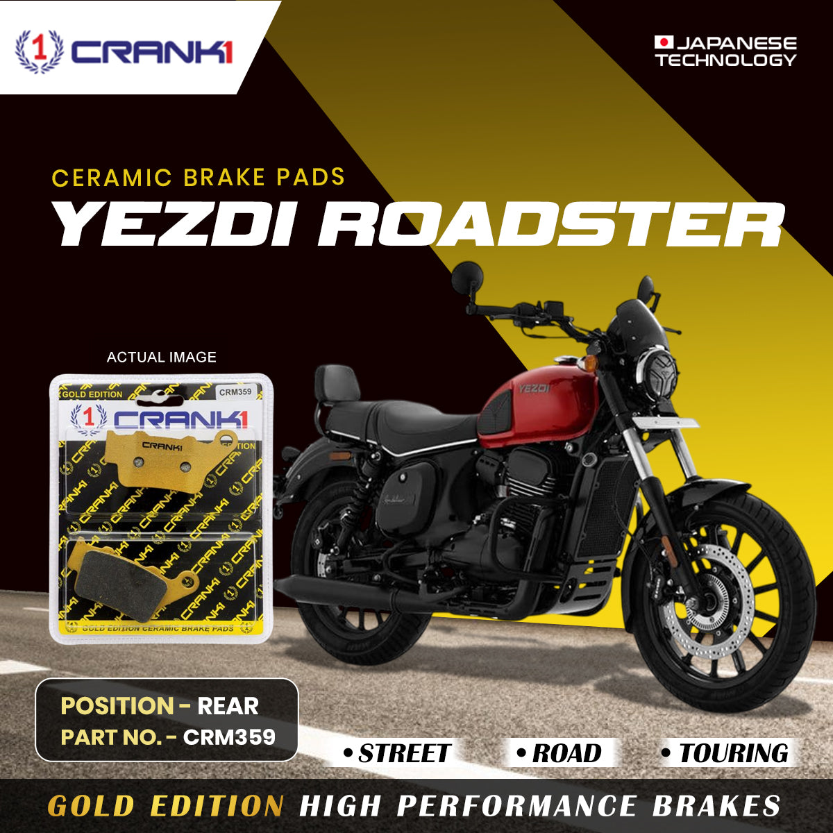 Ceramic Brake Pads For Yezdi Roadster - Rear - CRM359 - 1 Set