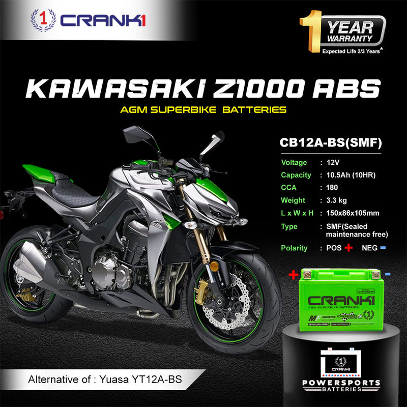 Battery For Kawasaki Z1000 ABS (2014-2025) - CB12A-BS - Factory Activated