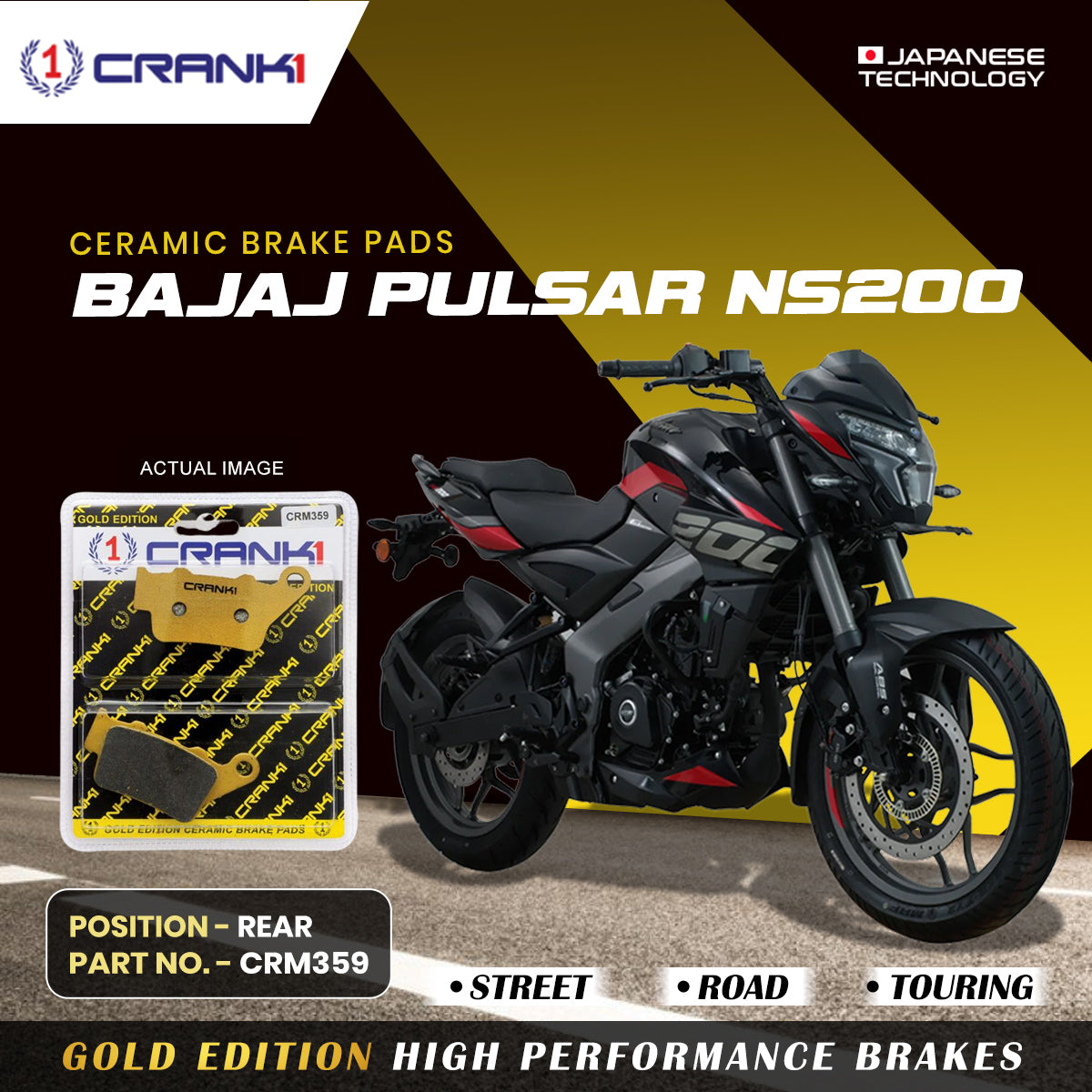 Ceramic Brake Pads For Bajaj Pulsar NS200 - Rear - CRM359