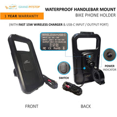 Handlebar Mount Fully Waterproof Bike / Motorcycle / Scooter Mobile Phone Holder Mount with Fast 15W Wireless & USB-C Input/Output Charger, Ideal for Maps and GPS Navigation (Black)