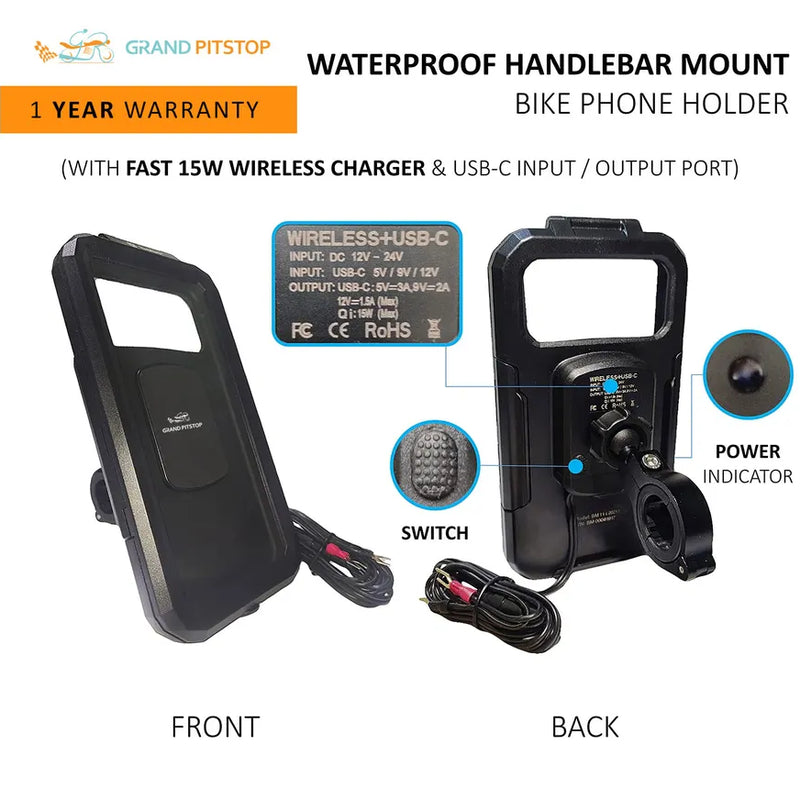 Handlebar Mount Fully Waterproof Bike / Motorcycle / Scooter Mobile Phone Holder Mount with Fast 15W Wireless & USB-C Input/Output Charger, Ideal for Maps and GPS Navigation (Black)