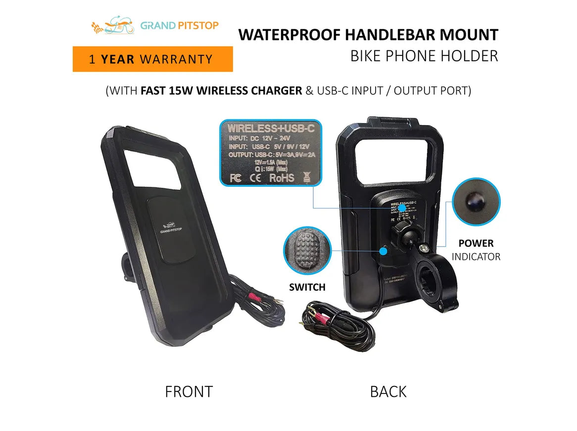 Handlebar Mount Fully Waterproof Bike / Motorcycle / Scooter Mobile Phone Holder Mount with Fast 15W Wireless & USB-C Input/Output Charger, Ideal for Maps and GPS Navigation (Black)