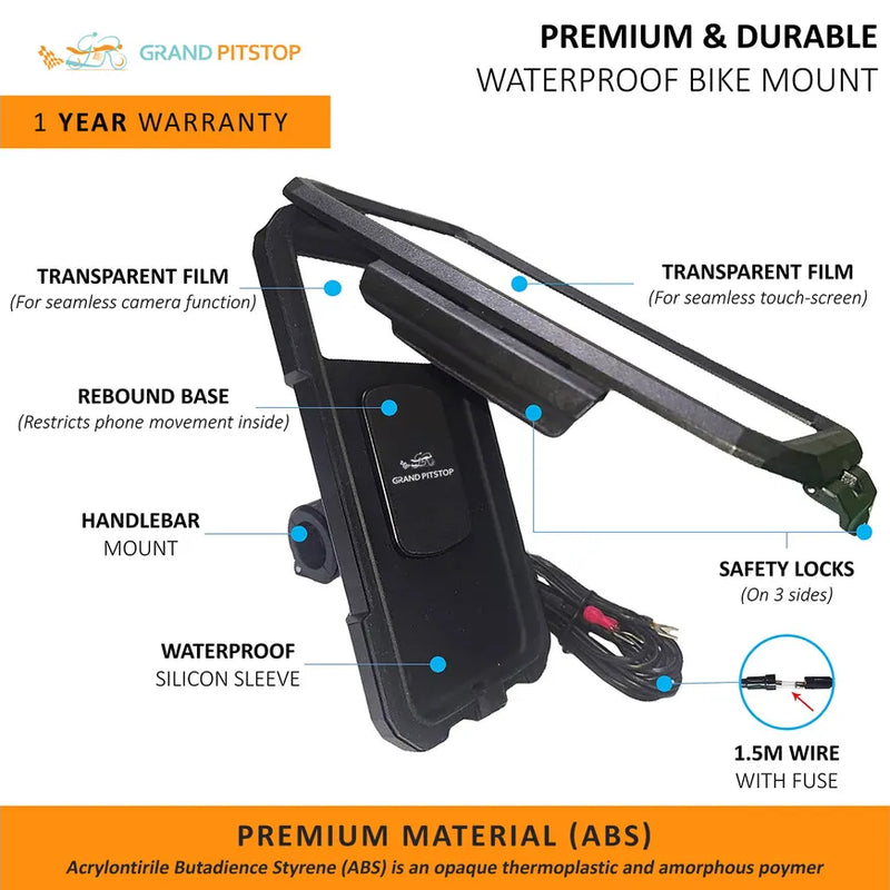 Handlebar Mount Fully Waterproof Bike / Motorcycle / Scooter Mobile Phone Holder Mount with Fast 15W Wireless & USB-C Input/Output Charger, Ideal for Maps and GPS Navigation (Black)